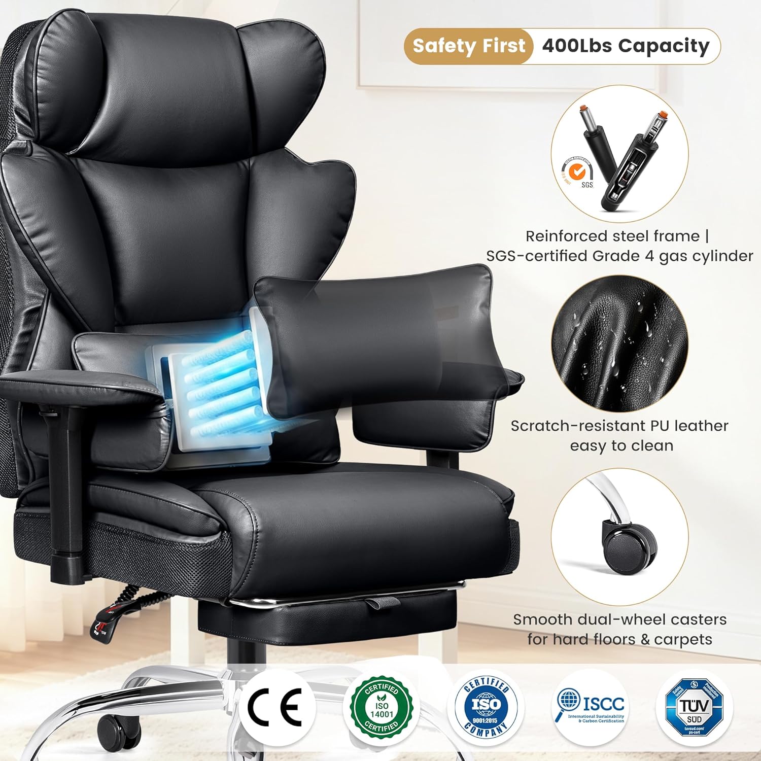 Big & Tall Office Chair 400 lbs – 21.3" Wide Seat High Back Ergonomic Executive Chair with Retractable Footrest, Heavy Duty Computer Gaming Chair for Heavy People, Black