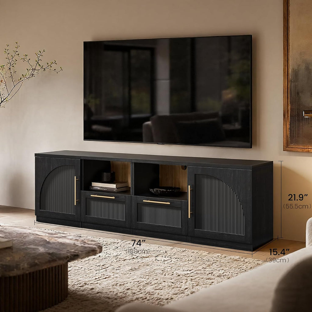 ModernMate Set of 2 Nightstands, 37" Modular Accent End Tables with Arched Door and Open Shelves, Wood Grain Bedside Side Tables for Living Room, Bedroom, Black