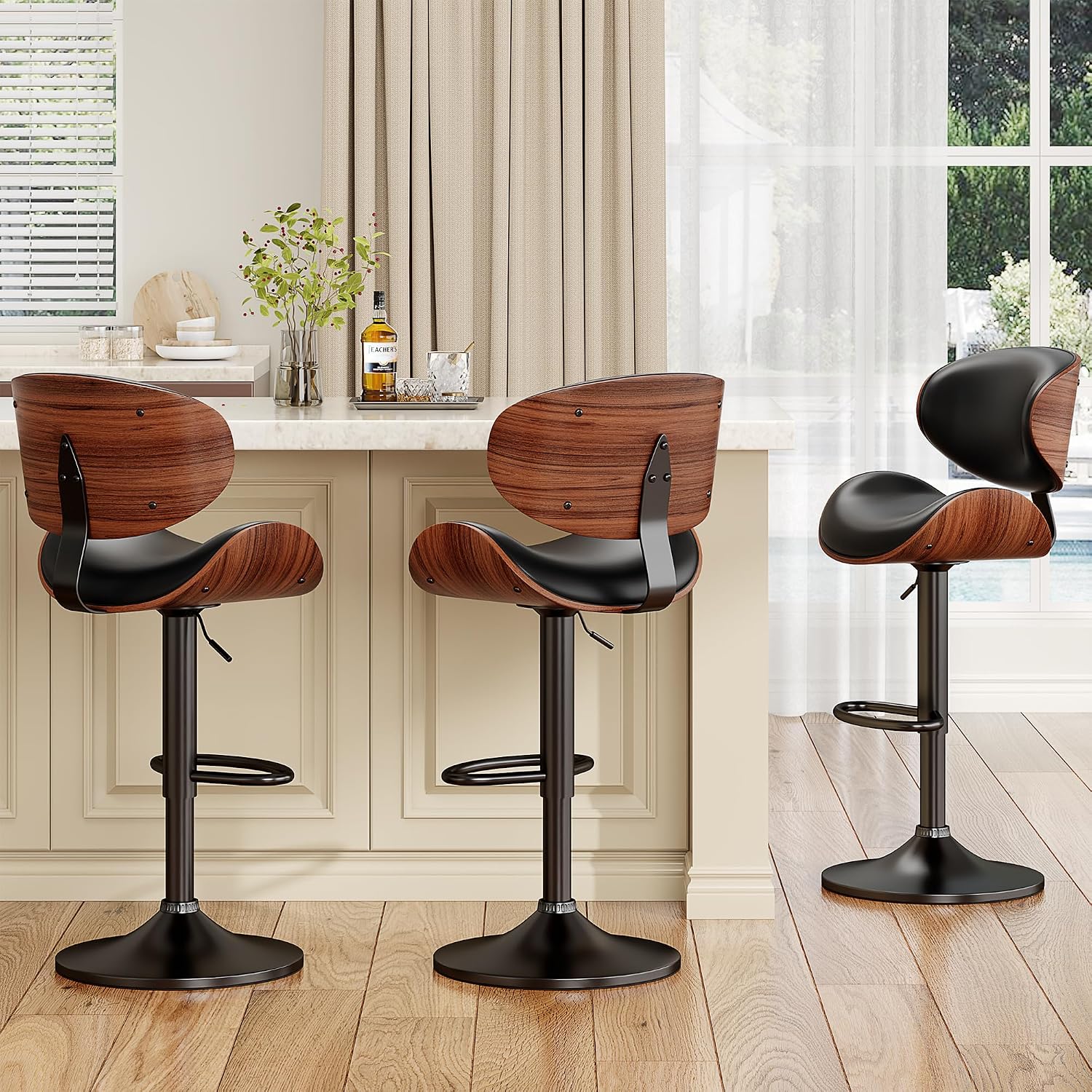 YaFiti Swivel Bar Stools Set of 2, Bar Stools for Kitchen Counter, Black | Comfortable Faux Leather Seating with Ergonomic Support and a Sturdy Footrest for Modern Kitchen Islands and Home Bars