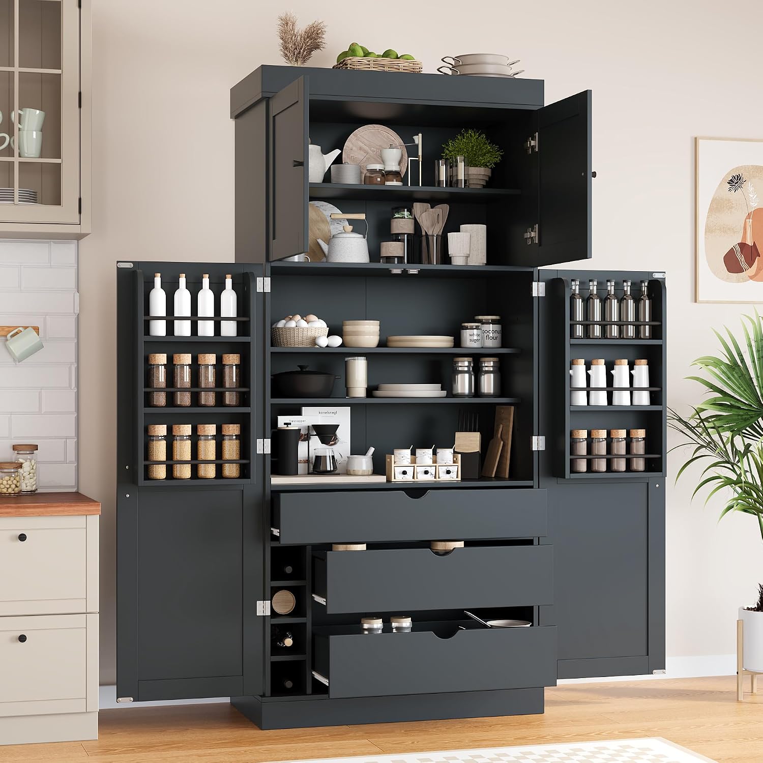 77'' Tall Freestanding Kitchen Pantry, Kitchen Storage Cabinets with Adjustable Shelves, Door Shelves, Drawers and Wine Racks, Versatile Cupboard for Dining Room, Living Room,Grey