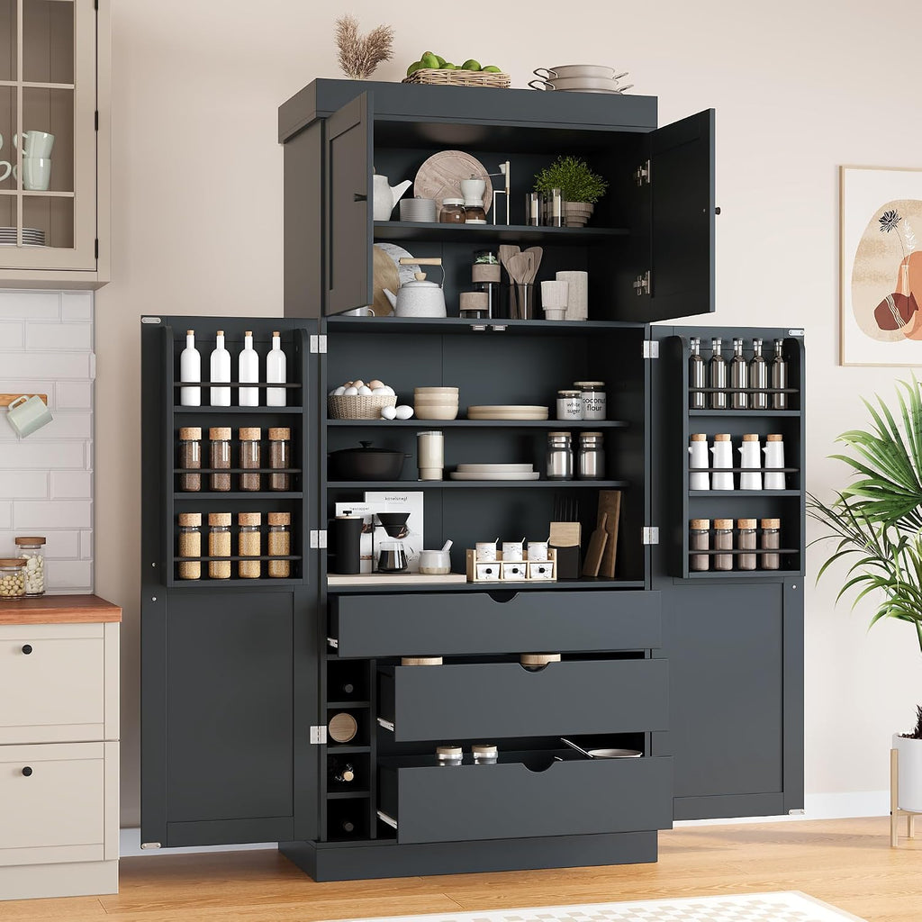 Tall Kitchen Pantry Cabinet with Adjustable Shelves, Modern Freestanding Cupboard with Door Shelves, Drawers and Wine Racks for Dining Room (Grey)