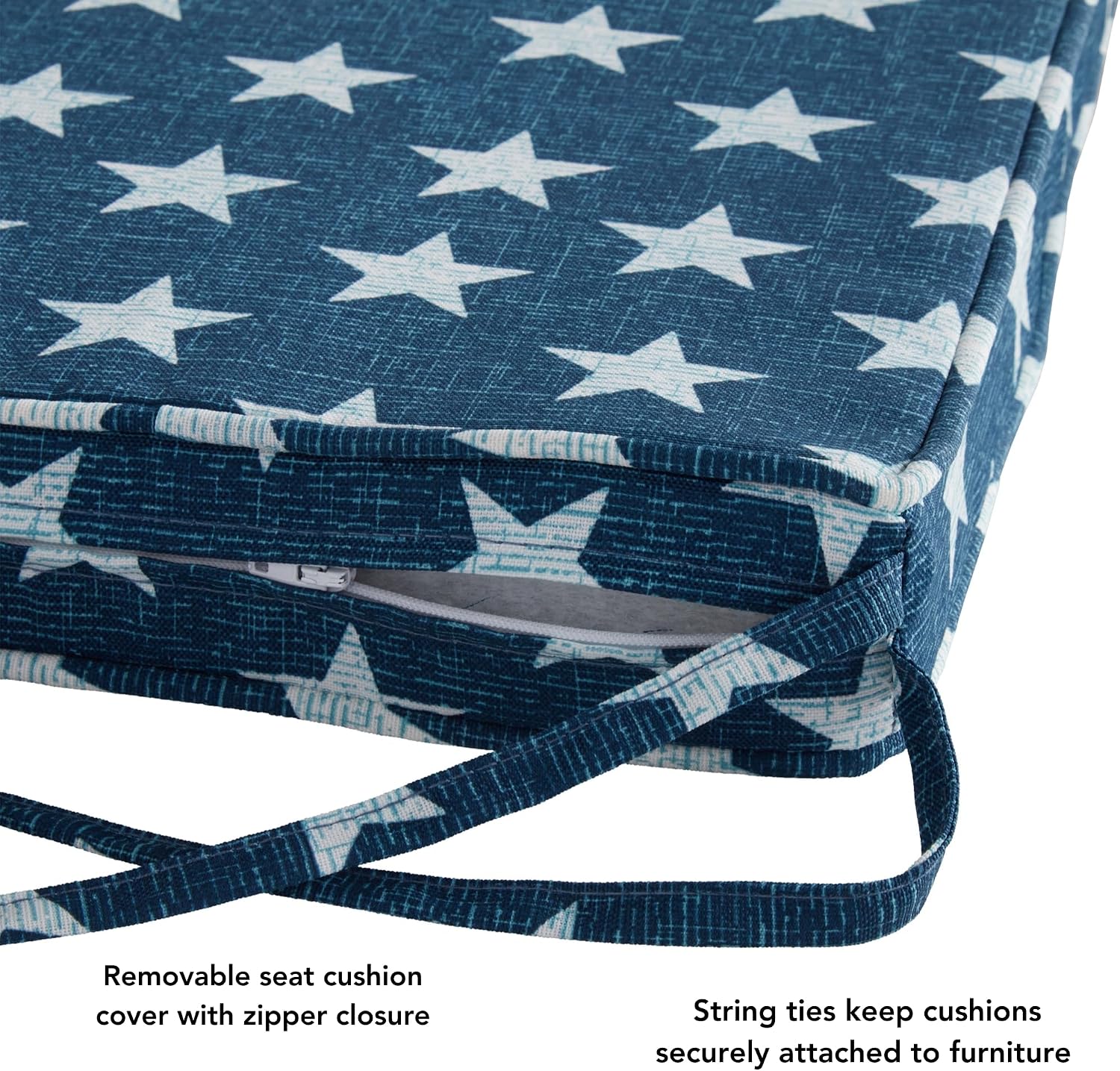Outdoor 18-inch Square Reversible Seat Cushion with Ties, 4-Pack, Stars