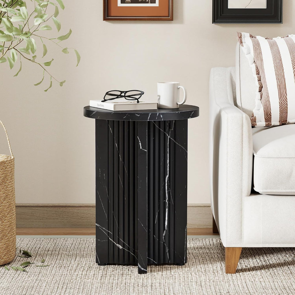 LEVNARY 15.7" Round Side Table with Marble-Look Top, Modern End Table with Scalloped Fluted Base, Small Circular Accent Table with Adjustable Feet for Living Room Bedroom (Black)