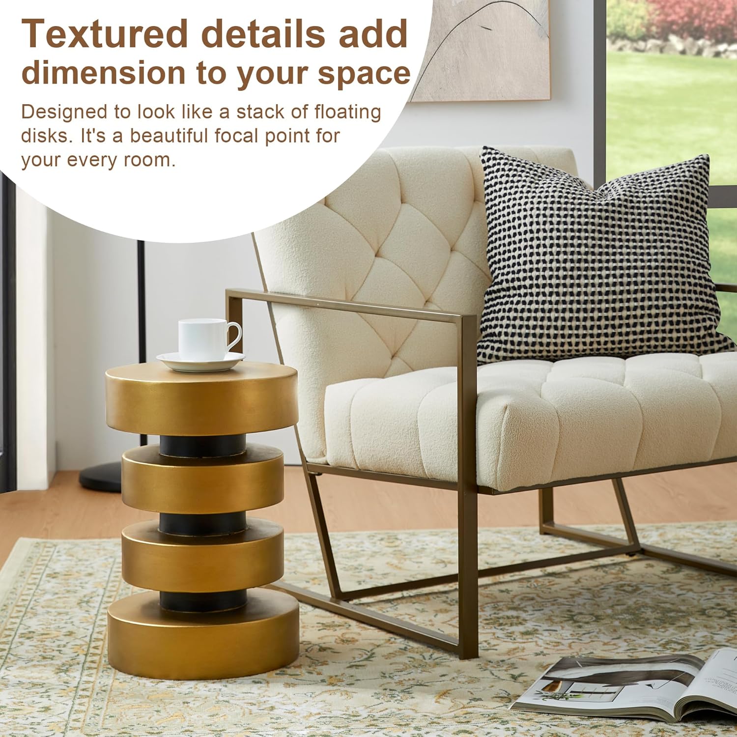 Glitzhome Gold Floating Disks Side Table & Accent Stool - 18" H Modern Antique End Table, Durable MGO Fiberglass Desk for Living Room, Holds 220 lbs, Multi-Functional & Easy to Clean