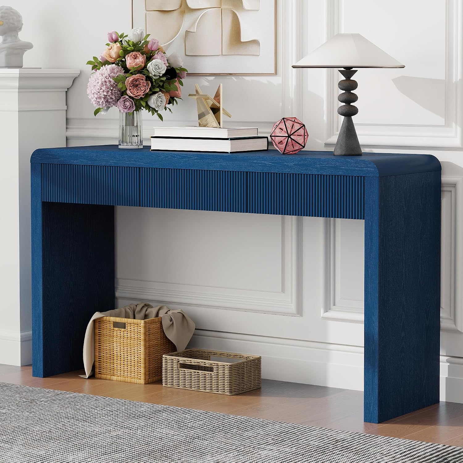 Knocbel Console Table with 3 Fluted Drawers, Rustic Sofa Tables with Solid Wood Veneer & Wood Grain for Entryway Hallway Living Room, 55.1" W x 15.8" D x 29.8" H, Navy