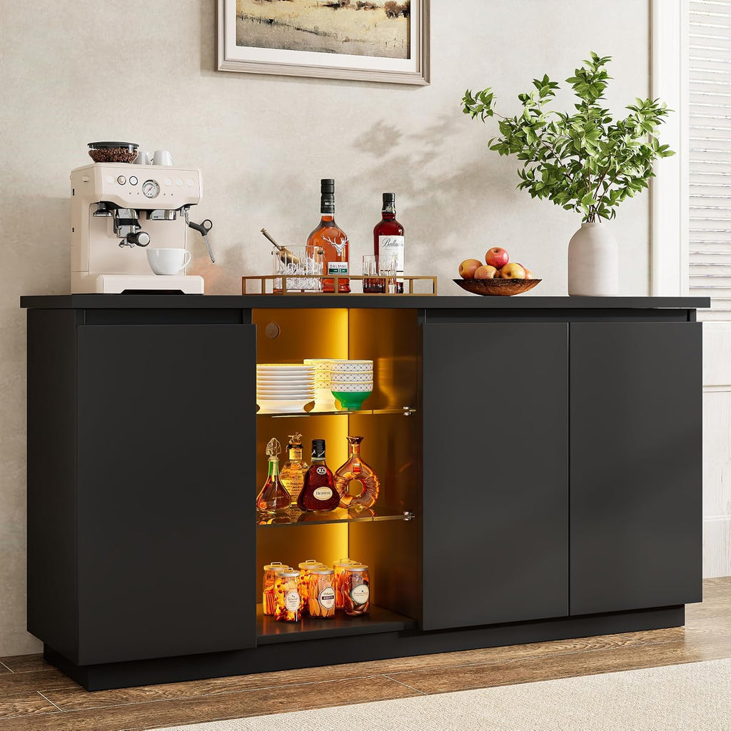 iPormis Sideboard Buffet Cabinet with Storage & LED Lights, Modern Credenza Sideboard With Doors and Adjustable Shelves, 60" Coffee Bar Table Storage Cabinet for Dining Room Kitchen Living Room, Black