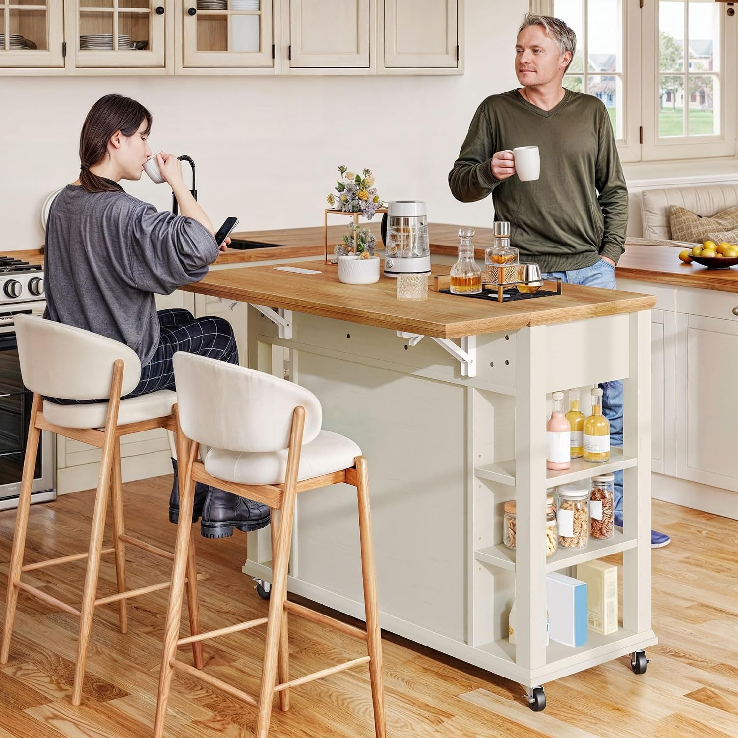 YITAHOME Kitchen Island with Drop Leaf, Mobile Storage Island with Power Outlet, Americana Rolling Kitchen Carts with Storage Shelves and Drawers, Island Table on Wheels for Dining Room, Beige