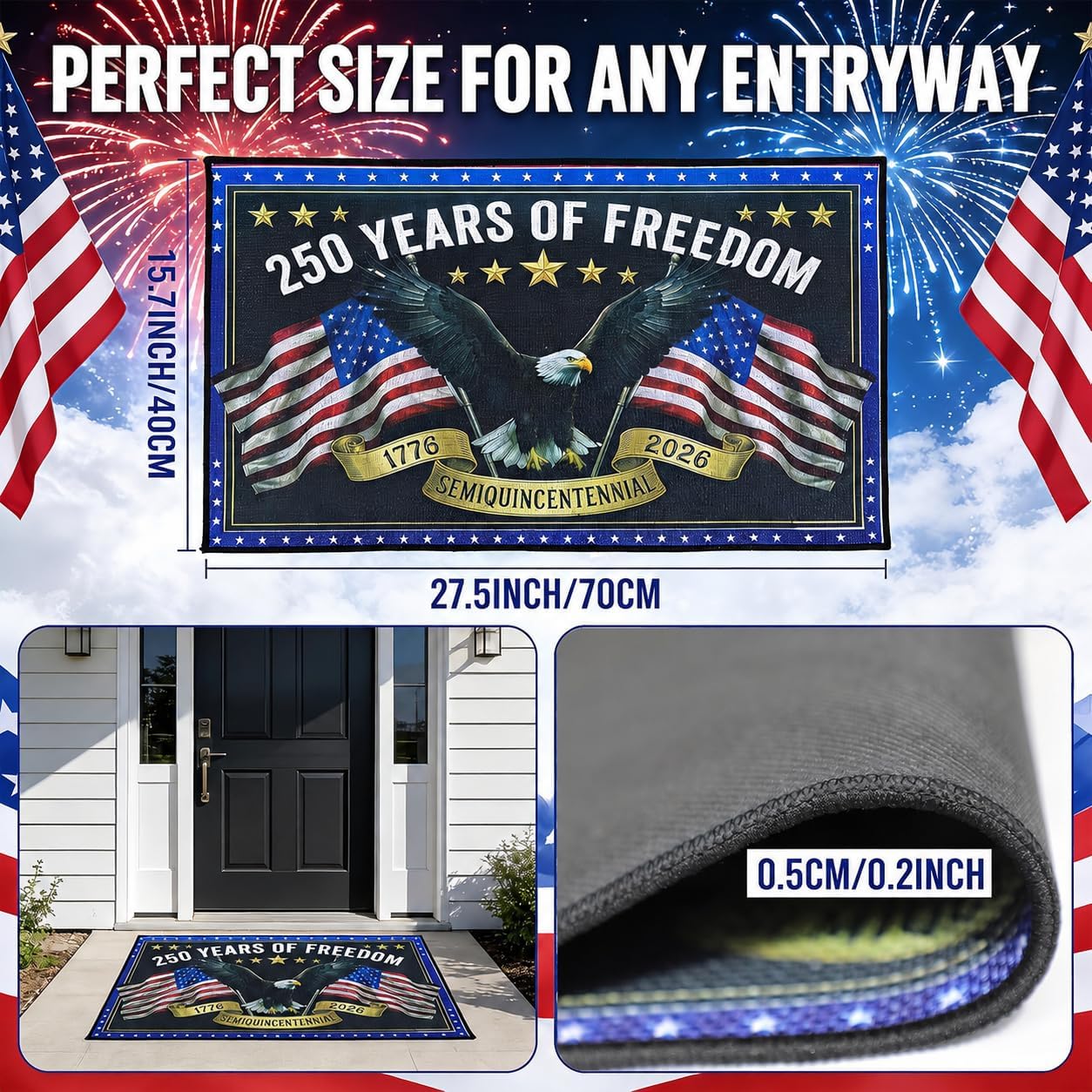 Patriotic Door Mat 250th Anniversary Doormat,4th of July Patriotic Mat with Bald Eagle & Stars Mat,17"x28" Non-Slip Independence Day Freedom Memorial Day Porch Front Decor