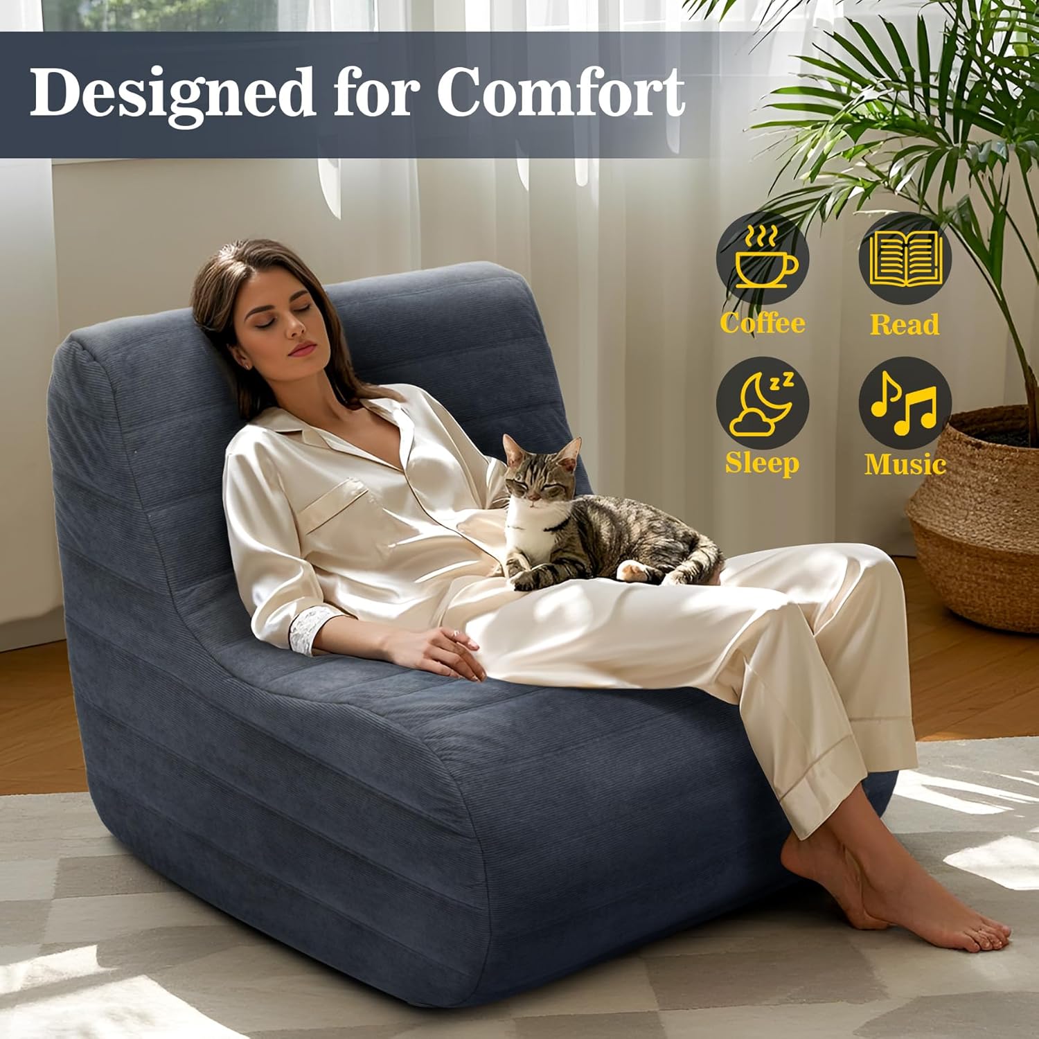 Compact Bean Bag Chair – Memory Foam Lazy Sofa Sack, Floor Couch for Bedroom, Living Room, Office & Home (Gray)