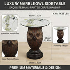Owl Side Table, Round End Table with Faux Marble Top, Resin Owl Statue Base, Unique Animal Accent Table for Living Room, Bedroom, Nursery, Rustic Brown 22.83“ Tall 17.17" Height