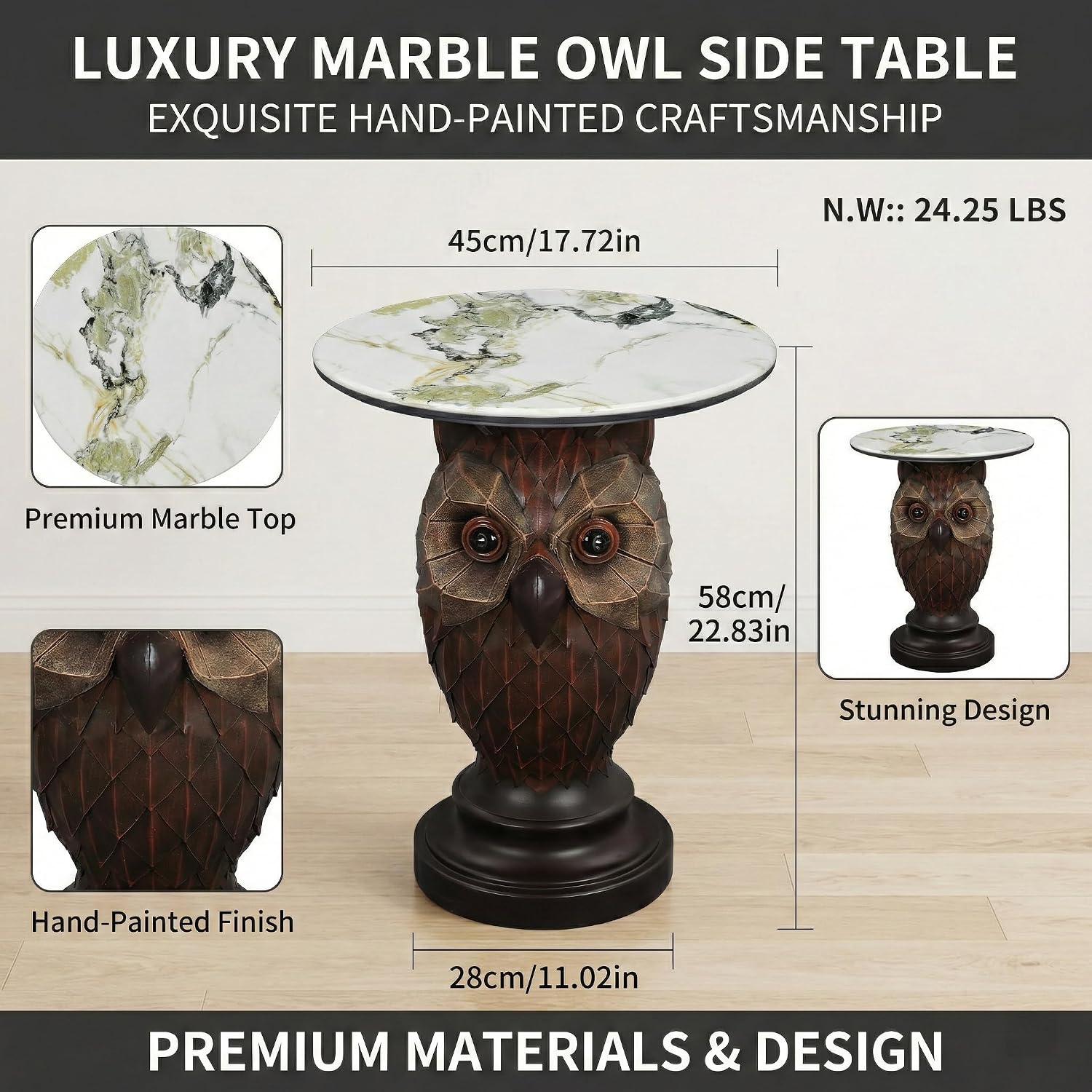 Owl Side Table, Round End Table with Faux Marble Top, Resin Owl Statue Base, Unique Animal Accent Table for Living Room, Bedroom, Nursery, Rustic Brown 22.83“ Tall 17.17" Height
