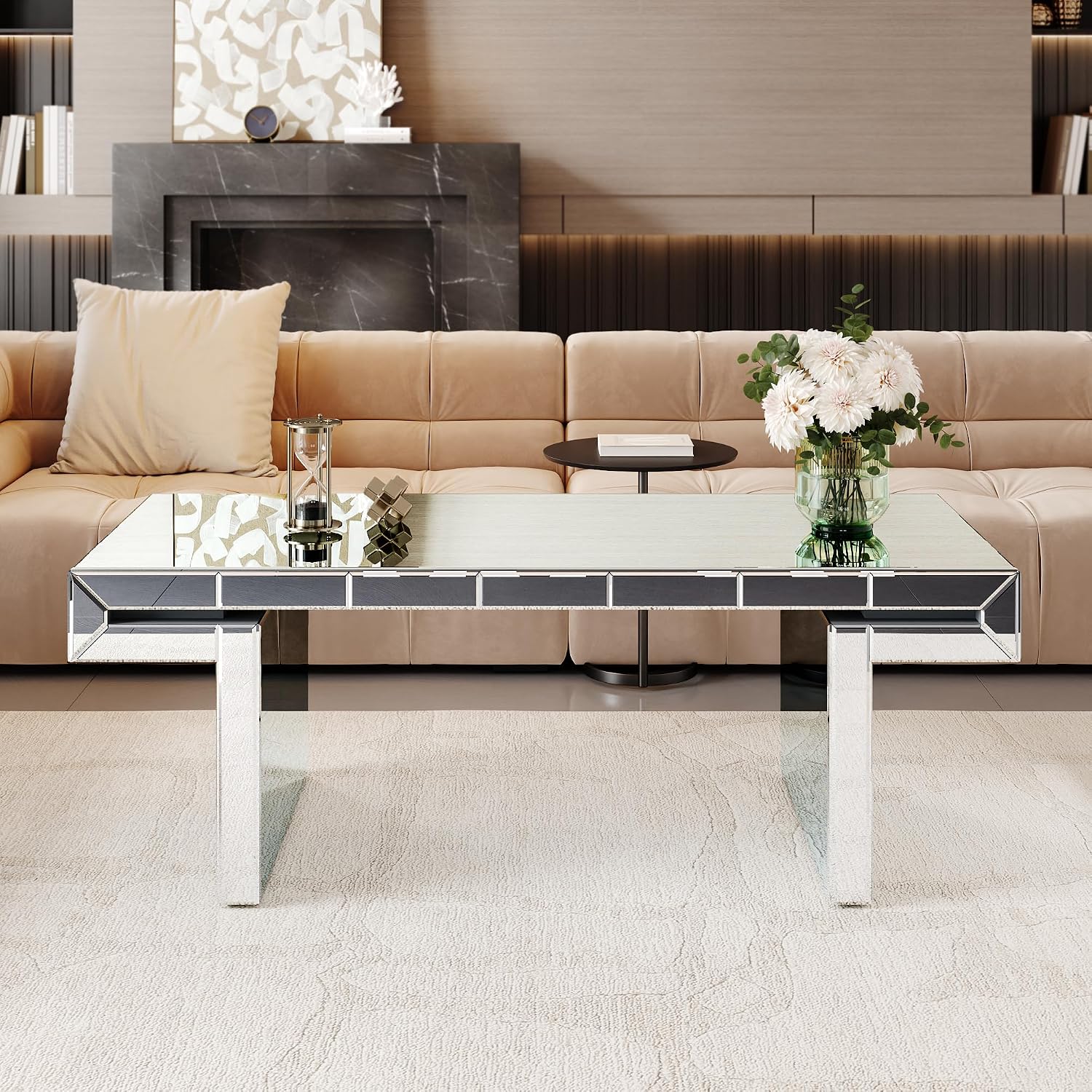 47 Inches Luxury Rectangular Mirror Coffee Table with Tempered Glass, Sofa Side Table, Easy 2 Step Assembly, Light Luxury Style, Reinforced Packaging