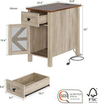 HAIOOU Farmhouse End Table with Charging Station, Narrow Side Tables with Storage Cabinet and Drawer, Wood Nightstand with Power Outlets & USB Ports for Bedroom, Living Room(Grey and Brown)
