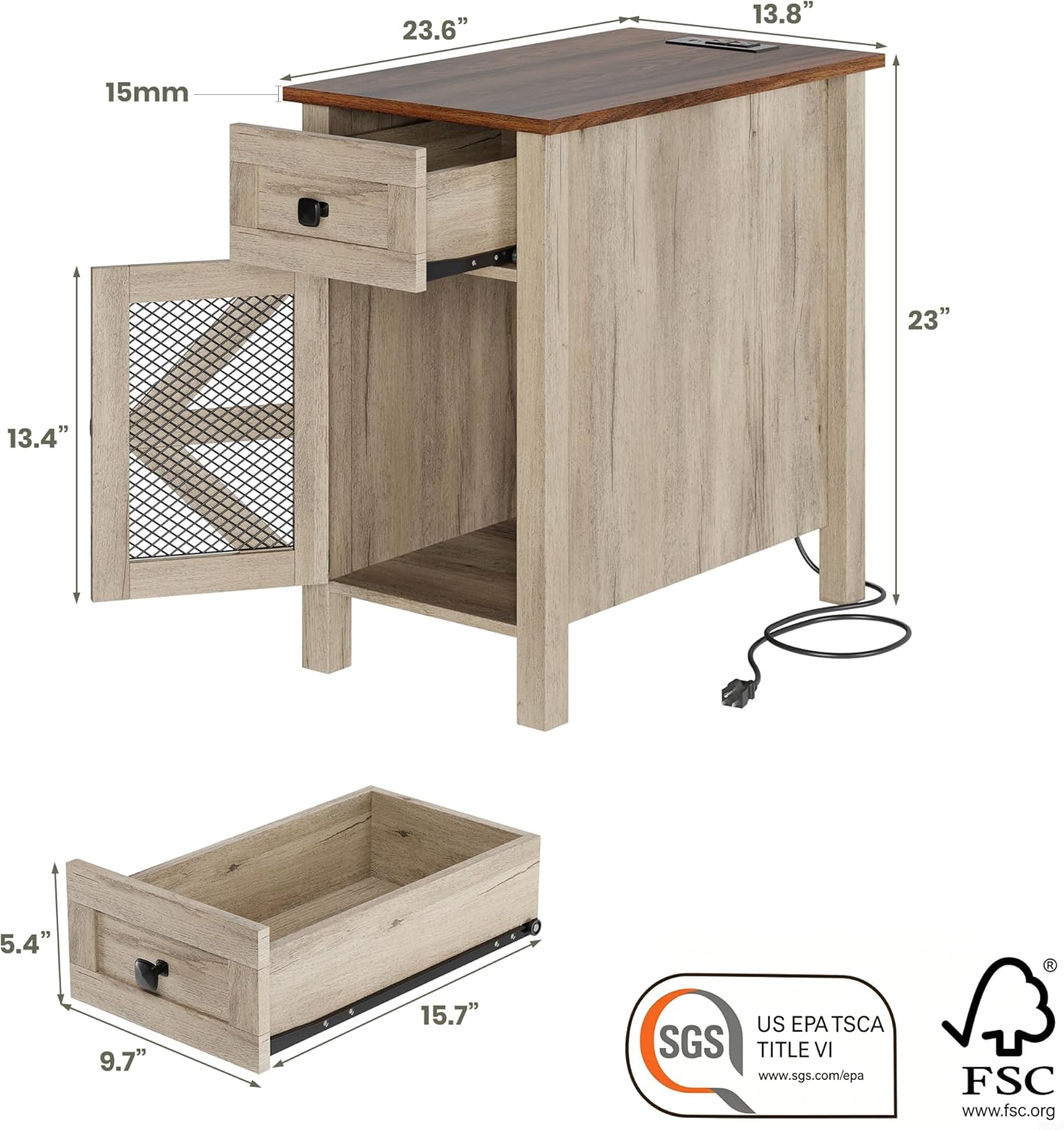 HAIOOU Farmhouse End Table with Charging Station, Narrow Side Tables with Storage Cabinet and Drawer, Wood Nightstand with Power Outlets & USB Ports for Bedroom, Living Room(Grey and Brown)
