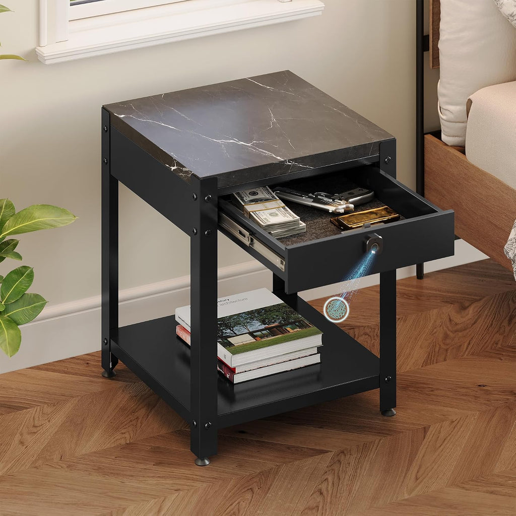 Modern End Table with Hidden Locking Compartment, Nightstand with Biometric Fingerprint Lock Drawer, Side Table with Open Shelf, Waterproof Top, for Bedroom & Living Room, Black