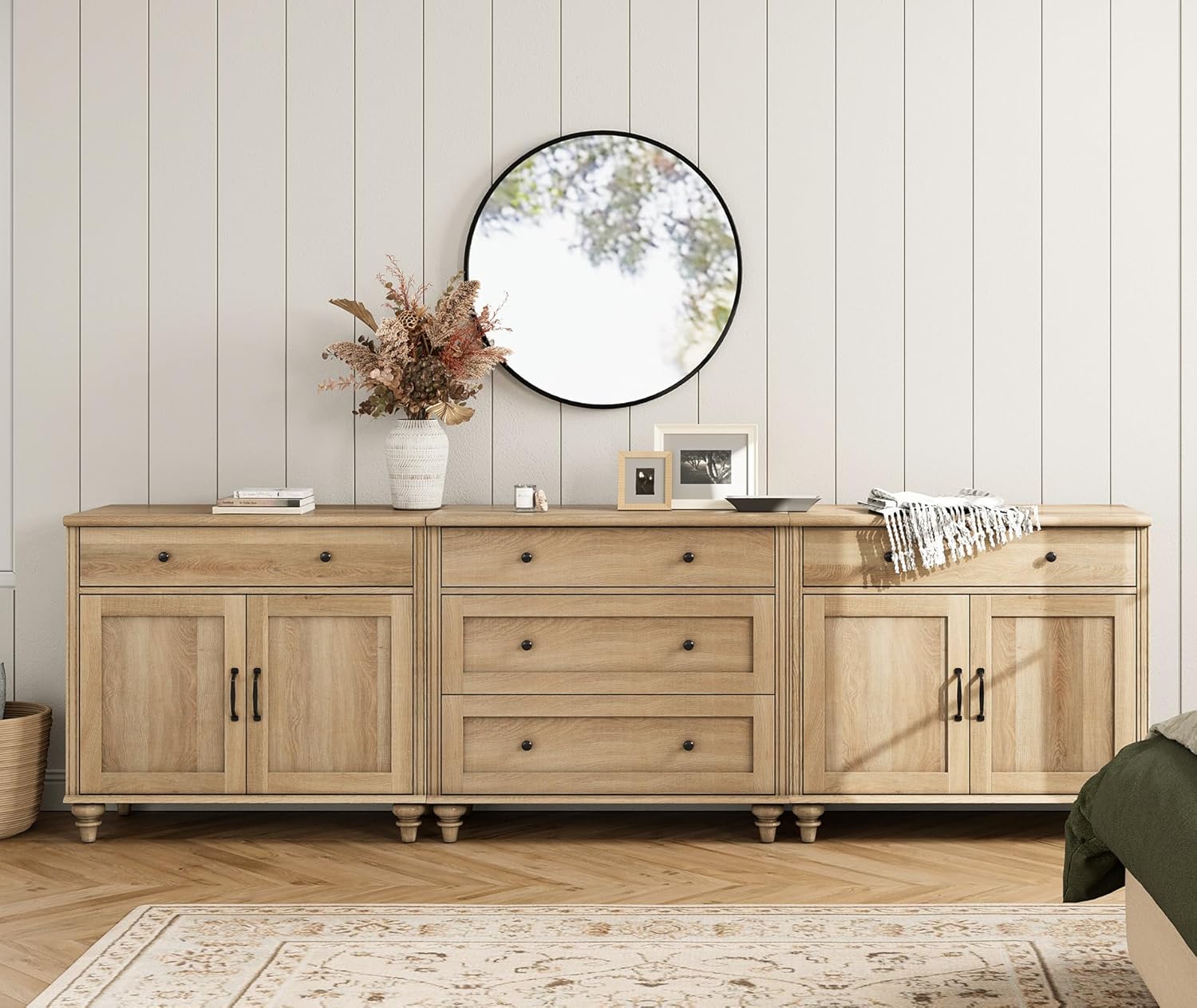WAMPAT Buffet Cabinet with 5 Drawers and 4 Doors, Vintage Wood Grain Design, Farmhouse Coffee Bar with Storage, Morden Sideboard Cabinet for Dinning Room, Kitchen, and Living Room, 101 inch, Oak