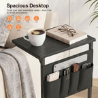 C-Shaped End Table, 28" H Side Table for Couch, Sliding Tray Desk Under Sofa with Storage Bag for Living Room, Bedroom, Office, Black