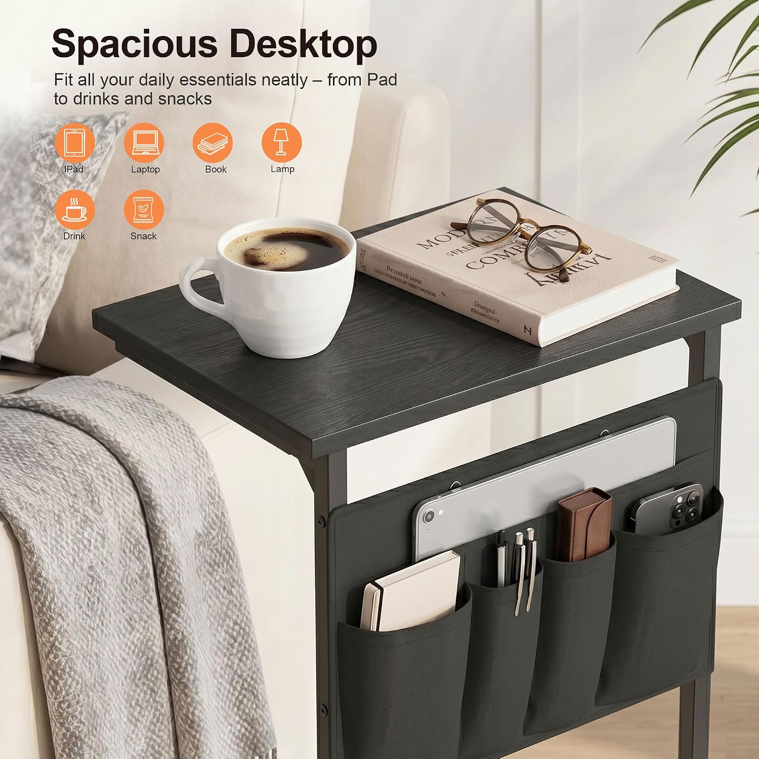 C-Shaped End Table, 28" H Side Table for Couch, Sliding Tray Desk Under Sofa with Storage Bag for Living Room, Bedroom, Office, Black