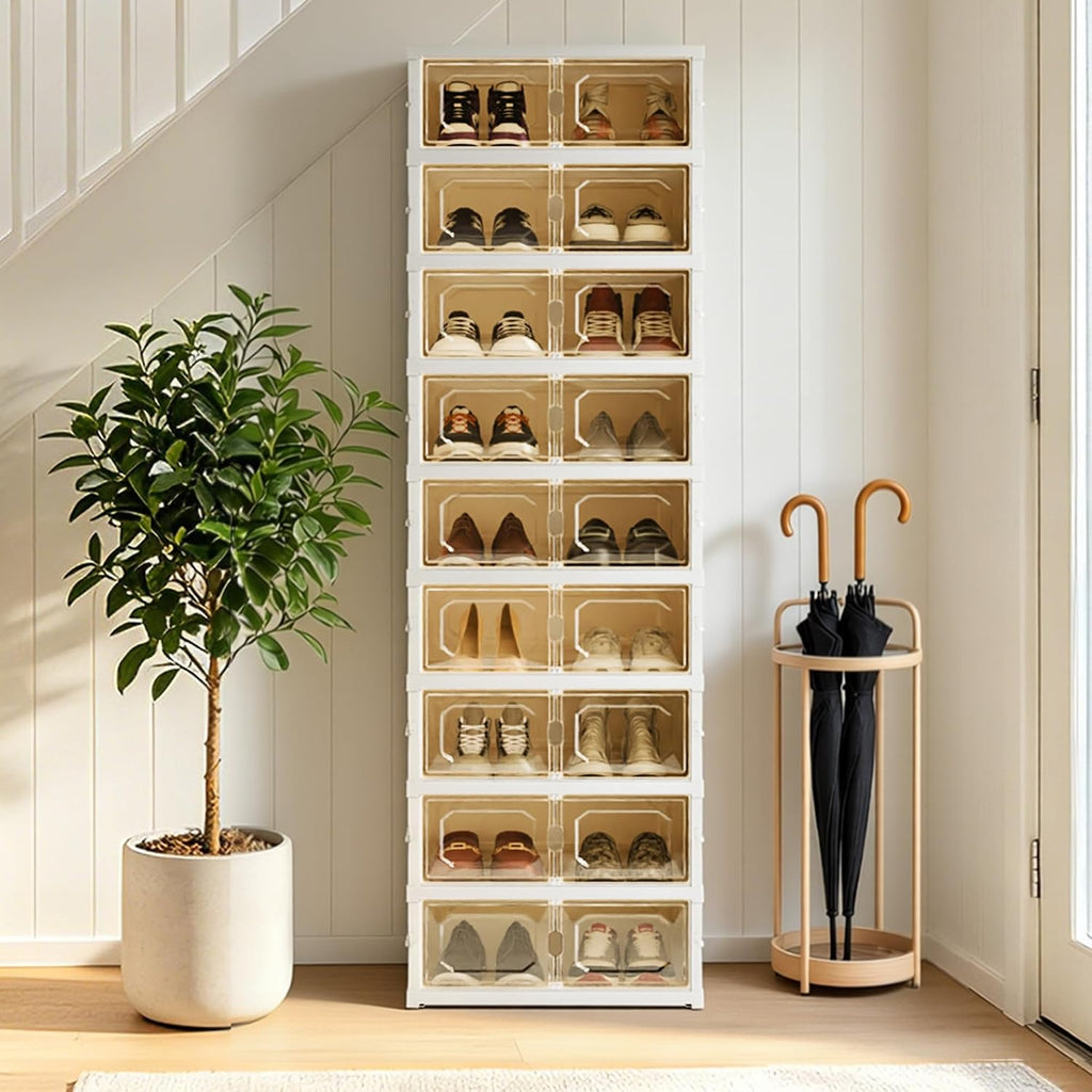 Foldable Shoe Rack Set of 2, 9 Tier Collapsible Shoe Rack with Magnetic Doors, Large Capacity Clear Display Cabinet with Wheels for 18 Pairs, Apartment Entryway