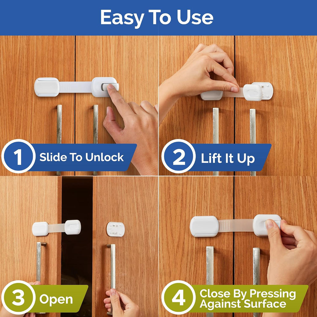 Child Safety Strap Locks (12 Pack) Baby Locks for Cabinets and Drawers, Toilet, Fridge & More. 3M Adhesive Pads. Easy Installation, No Drilling Required, White