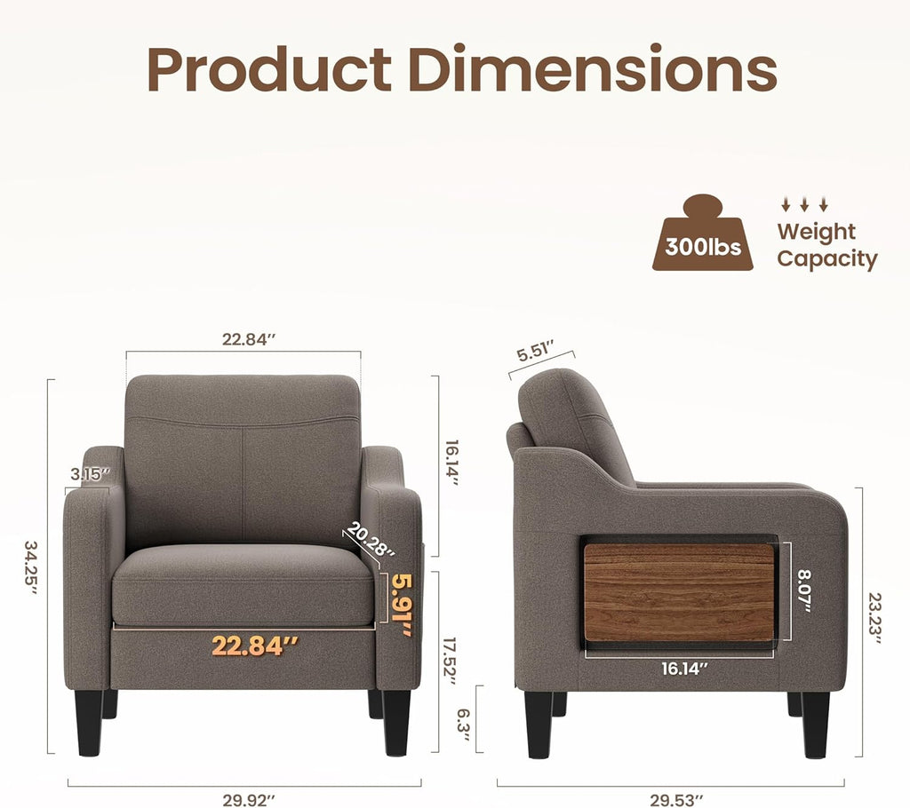 Accent Chair for Living Room Modern Linen Upholstered Armchair Side Wooden Fabric Sofa Chair with Foldable Table 2 Side Pockets Comfy Reading Chair for Bedroom