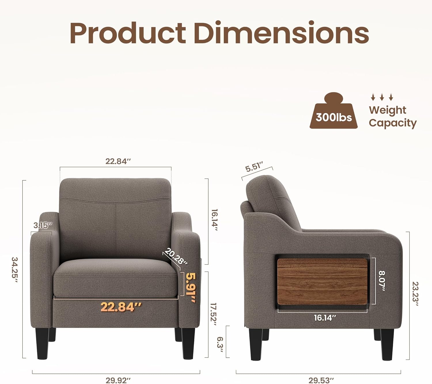 Accent Chair for Living Room Modern Linen Upholstered Armchair Side Wooden Fabric Sofa Chair with Foldable Table 2 Side Pockets Comfy Reading Chair for Bedroom