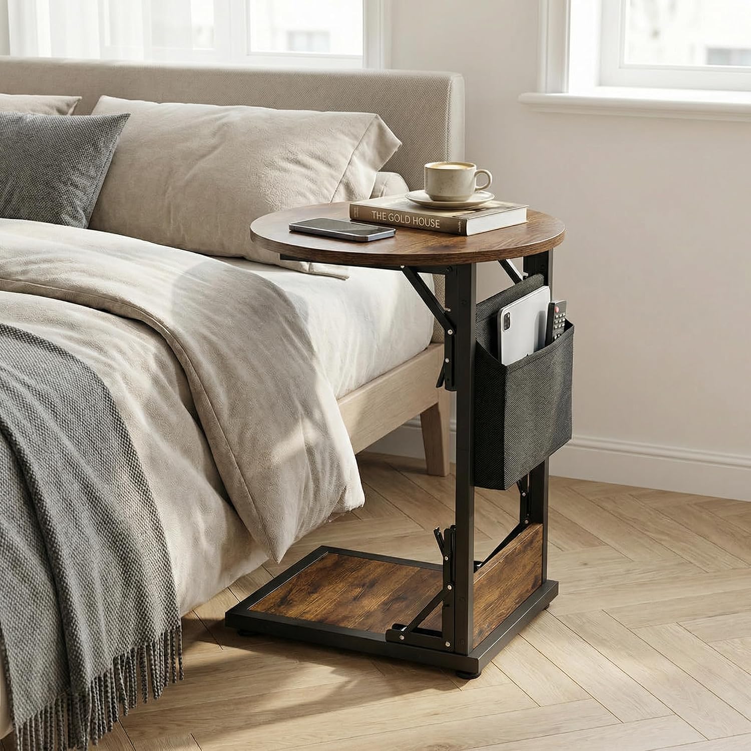 Foldable C Shaped End Table, 15.7" Round Couch Side Table with Storage Pocket, Slides Under Sofa, Heavy-Duty Steel Frame Holds 33 lb, TV Tray & Laptop Table, Rustic Brown/Black