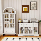 Sideboard Buffet Cabinet with Storage and Glass Doors,4-Door Cabinet with 3 Drawers,53.5" Farmhouse Modern Sideboard with Adjustable Shelves,Coffee Bar Cabinet for Kitchen & Dining Room,White