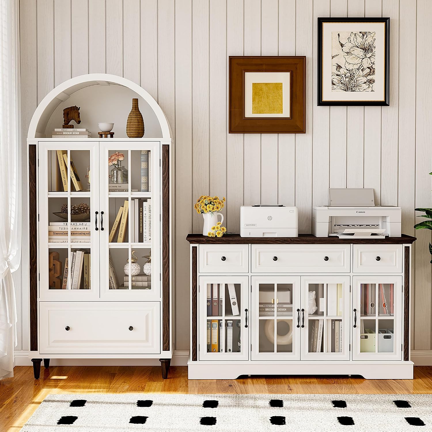 Sideboard Buffet Cabinet with Storage and Glass Doors,4-Door Cabinet with 3 Drawers,53.5" Farmhouse Modern Sideboard with Adjustable Shelves,Coffee Bar Cabinet for Kitchen & Dining Room,White