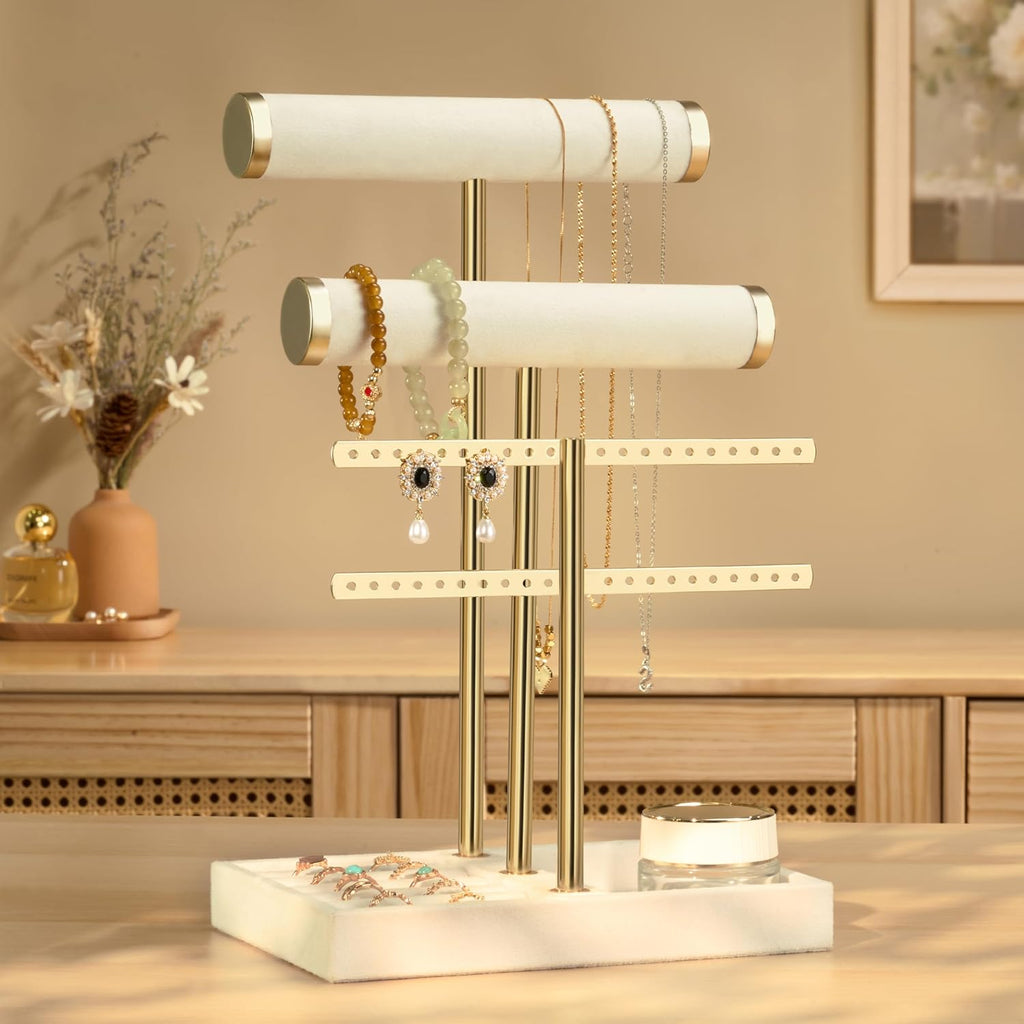 bussdis 3 Tier Bracelet Holder Display - Detachable T Bar Beige Velvet Bracelet Holder, Jewelry Holder Organizer for Bracelet, Necklace, Earrings, Rings