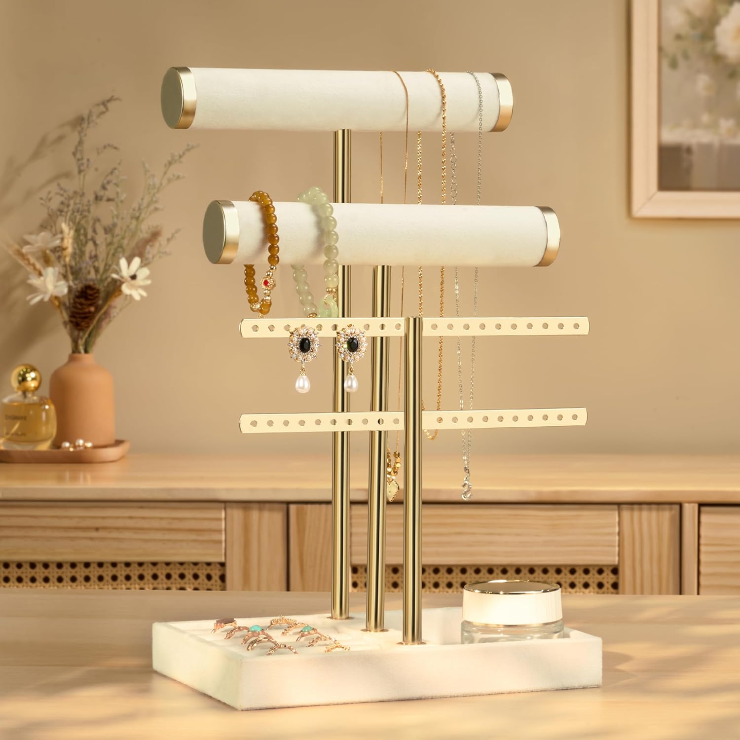 bussdis 3 Tier Bracelet Holder Display - Detachable T Bar Beige Velvet Bracelet Holder, Jewelry Holder Organizer for Bracelet, Necklace, Earrings, Rings