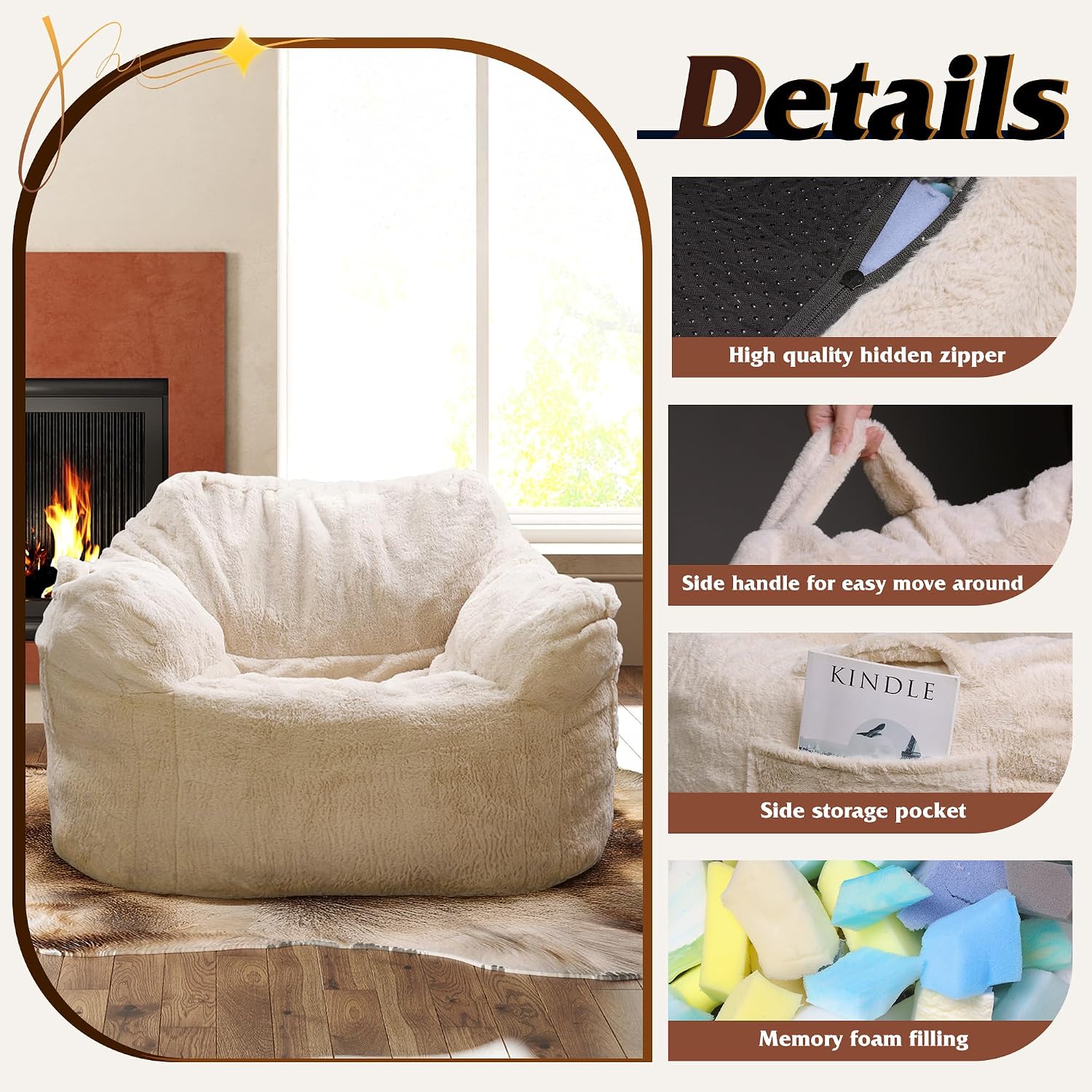 WLIVE 43'' Giant Bean Bag Chair, Bean Bag Sofa with Armrests for Adults, Bean Bag Couch with High-Density Memory Foam for Livingroom, Bedroom, Beige