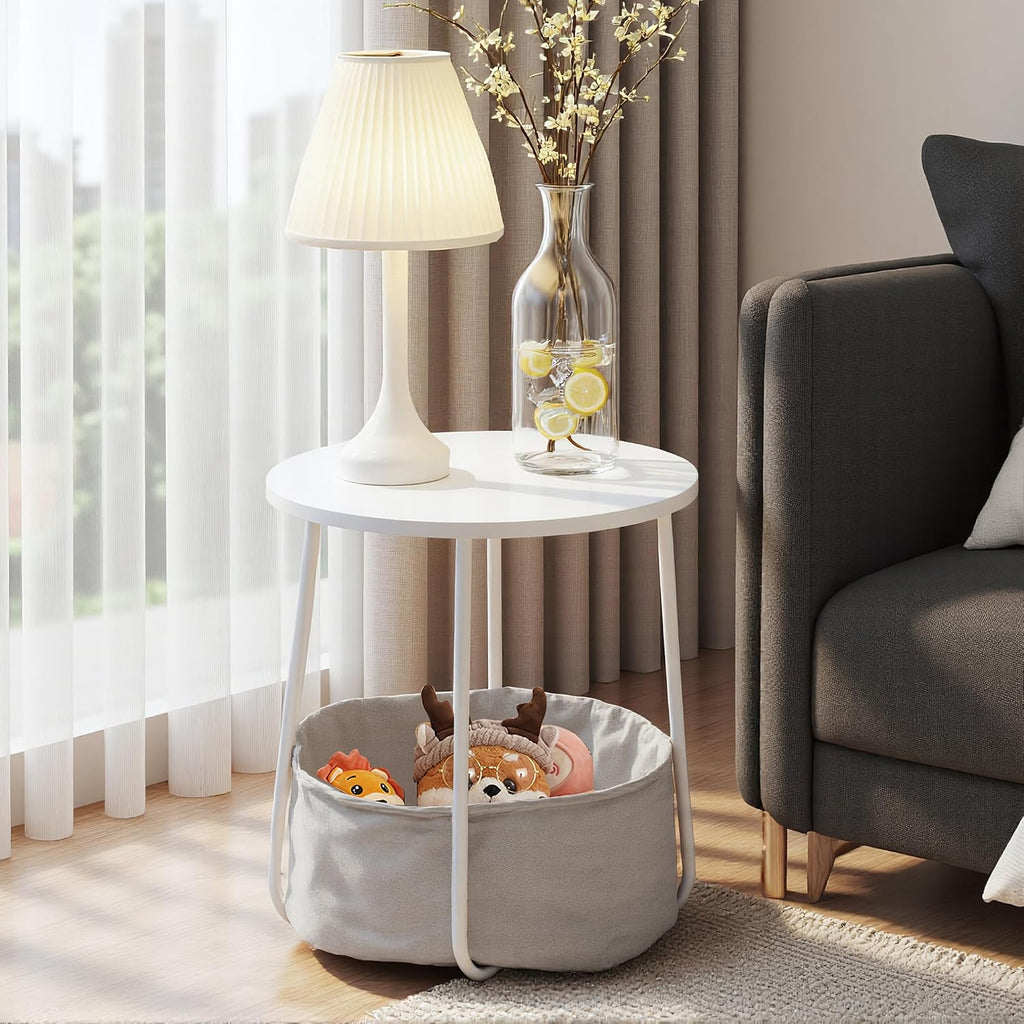 Homy Casa Modern Round End Table with Fabric Basket, Small Side Table Nightstand for Bedroom Nursery with Fabric Storage Basket for Living Room and Bedroom, White