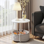 Homy Casa Modern Round End Table with Fabric Basket, Small Side Table Nightstand for Bedroom Nursery with Fabric Storage Basket for Living Room and Bedroom, White