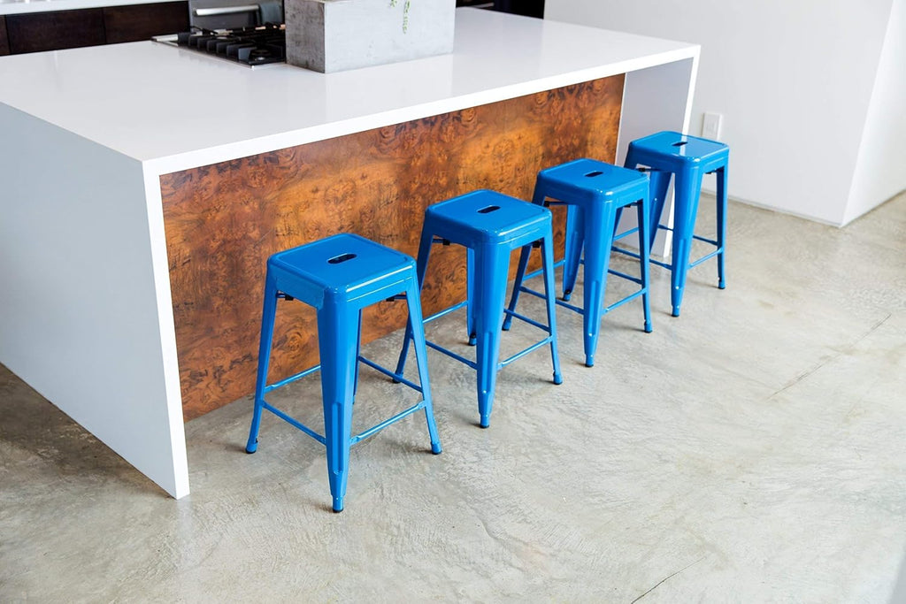 24 Inches Metal Barstool Set of 4 – Counter Height Backless Bar Stool for Kitchen Island, Breakfast, Outdoors, Pub, Restaurant, Home, Patio – Stackable Heavy Duty Modern & Industrial (Blue)