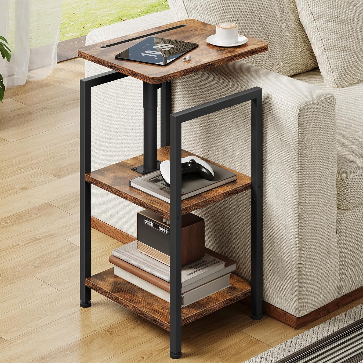 CHOEZON 360° Swivel Height Adjustable Side Table with Swivel Tabletop, 3-Tier End Table for Small Space, Nightstand with Storage, for Couch, Living Room, Bedroom, Rustic Brown and Black TBZ22BF