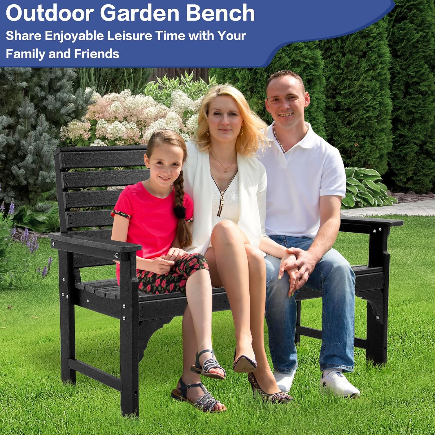 Outdoor Bench Weatherproof - HDPE 2-Person Garden Bench with Cup Holders, Bench Furniture with Backrest and Armrests, 700 lbs Capacity, Patio Park Bench for Front Porch Backyard Park (Black)