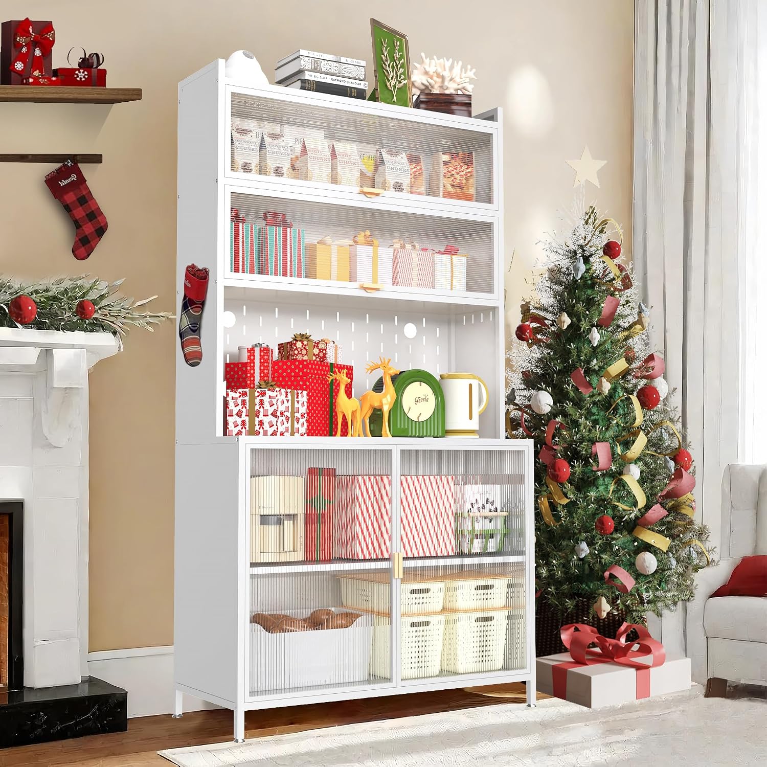 Spaco 73" Tall Kitchen Pantry Cabinet,6 Tiers Food Pantry Cabinet with Adjustable Shelves and Side Hooks,Anti-Tip Display Storage Cupboard for Kitchen,Living Room and Dining Room. (White)