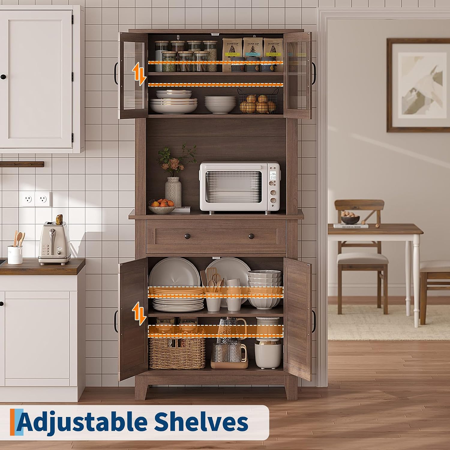 GAOMON 72“ Tall Pantry Cabinet with Drawer, 32” Wide Kitchen Pantry Storage Cabinet with Countertop, Large Kitchen Hutch with Storage Drawers and Doors for Dining Room, Living Room, Brown