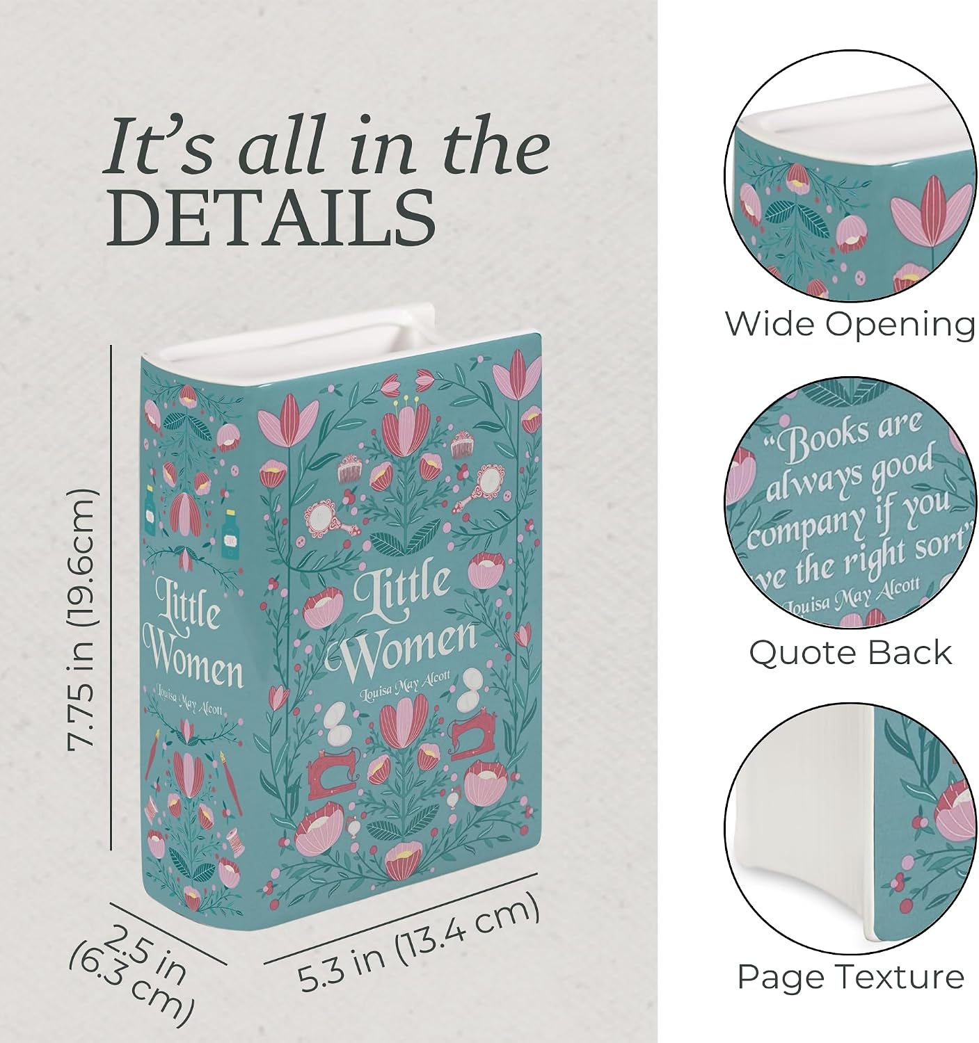 Steel Mill & Co Original Large Book-Shaped Decorative Vase, Ceramic Vases for Home Decor, Cute Bookshelf Decor, Unique Vase for Book Lovers, Little Women