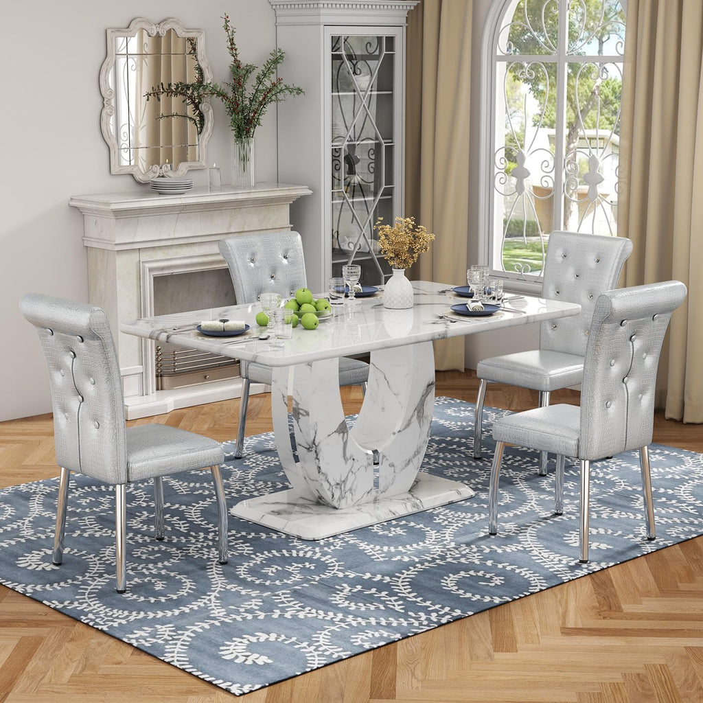 Modern Faux Marble Dining Table Set for 4, 63" White Rectangular Kitchen Table with Elegant U-Shaped Pedestal Base & 4 Tufted Upholstered High-Back Chairs, Luxury 7-Piece Dining Room Furniture Set
