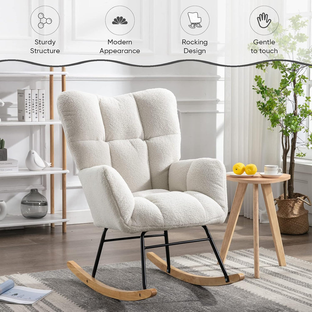 Nursery Rocking Chair, Teddy Velvet Upholstered Glider Rocker Rocking Accent Chair with High Backrest, Mid Century Modern Armchair Comfy Side Chair for Living Room Bedroom Offices