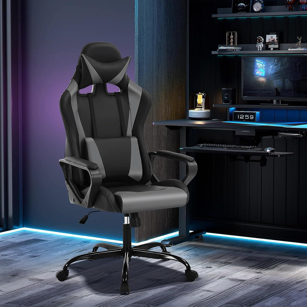 Grey Gaming Chair | Ergonomic High Back Desk Chair Racing Style with Lumbar Support, Headrest & Arms - Heavy Duty Swivel Computer Chair for Office