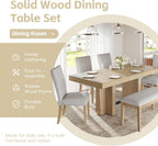 LUMISOL Farmhouse Dining Table Set for 6, Extendable Kitchen Table Set with Bench and 4 Upholstered Chairs, 3.8inch Thick Tabletop and Trestle Legs for Kitchen, Dining Room, Natural+Beige