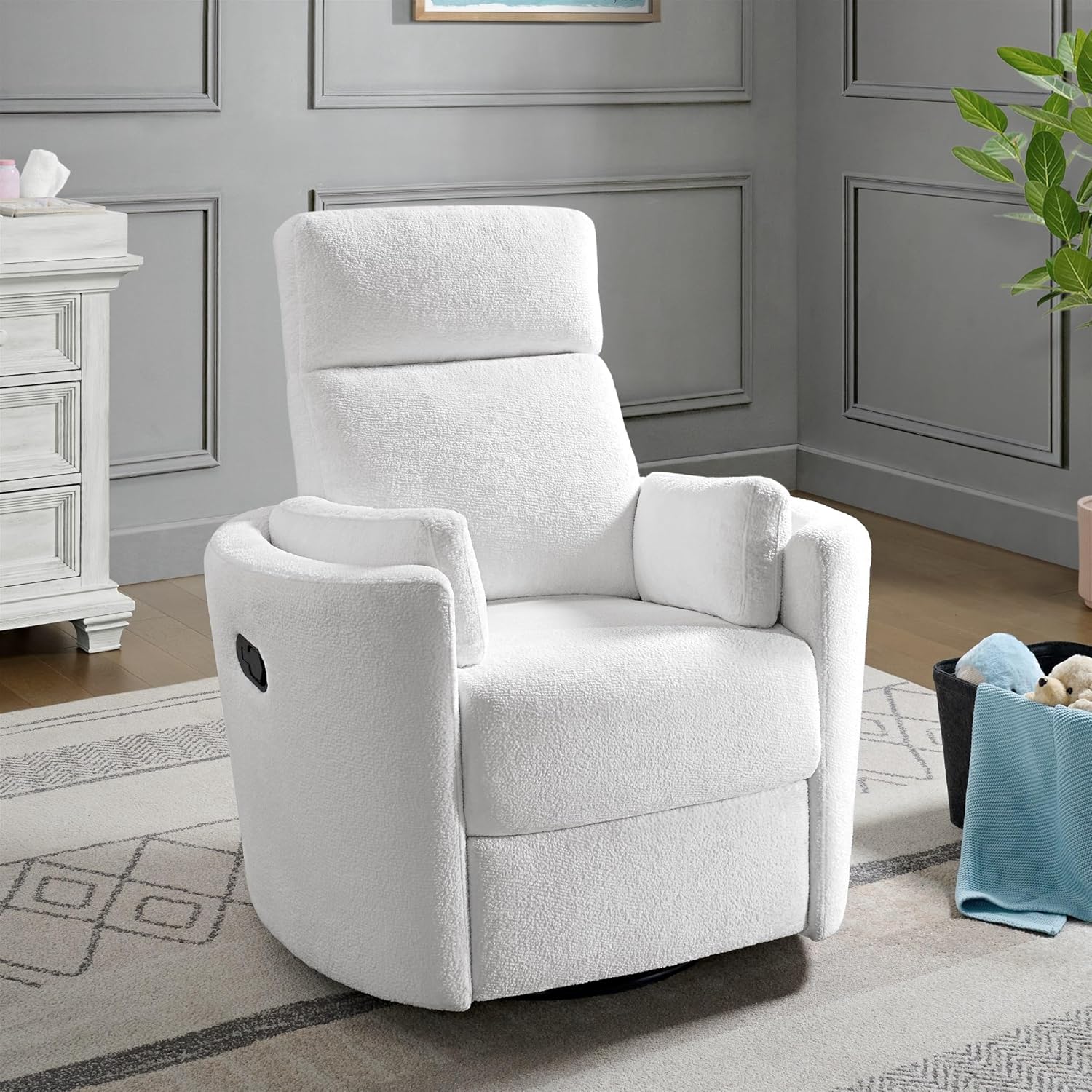 Soho Baby Nottingham Upholstered Glider Recliner Rocking Chair 360° Swivel for Nursery and Living Room, Plush White