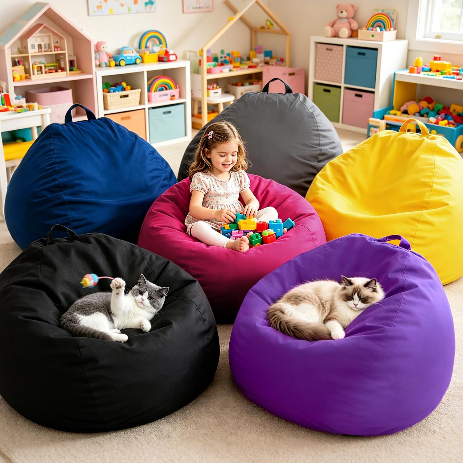 ZurNesfure Bean Bag Chair, Teardrop Small Bean Bag with Filling, 2.5FT Bean Bag Chairs for Living Room, Washable Comfy Chair with Handle, Fluffy Bean Bag for Reading Gaming Relaxing (Blue, 2.5FT)