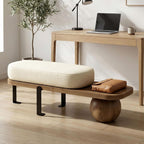 Modern Entryway Bench with Cushion, Wooden Boucle Upholstered with Abstract Metal Leg, Lambswool Cushioned Seating, for Entryway Livingroom Bedroom (Walnut, 120cm/47.2")