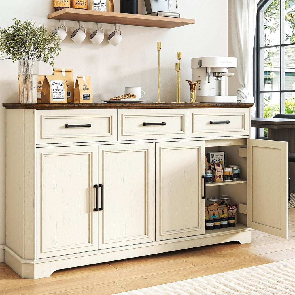 64 Inch Farmhouse Buffet Cabinet, Large Sideboard & Buffet with 4 Doors and 3 Drawers, Modern Credenza with Storage for Dining Room, Living Room, Kitchen, Antique White