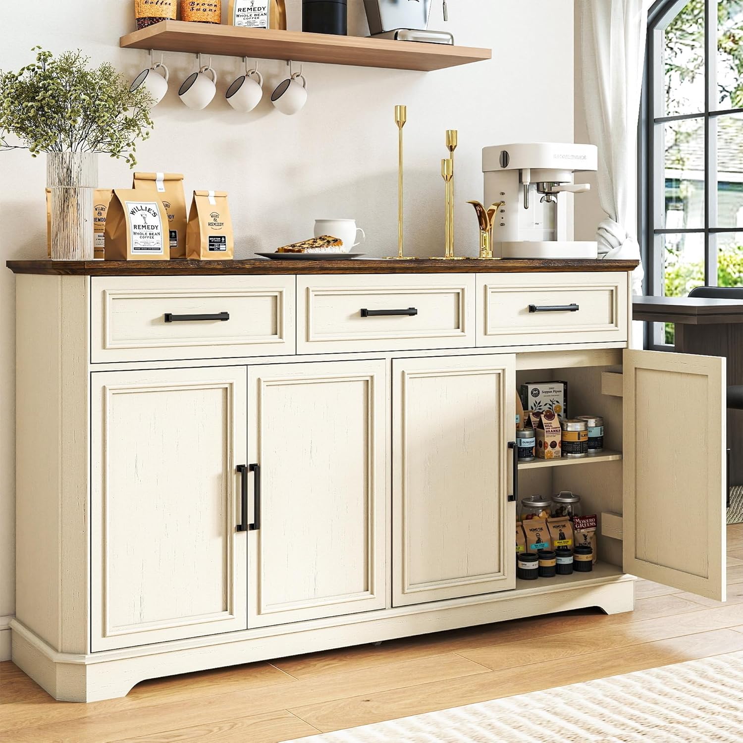 64 Inch Farmhouse Buffet Cabinet, Large Sideboard & Buffet with 4 Doors and 3 Drawers, Modern Credenza with Storage for Dining Room, Living Room, Kitchen, Antique White