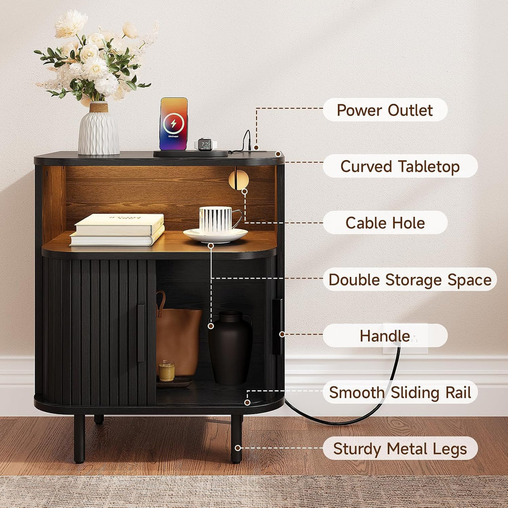 ONBRILL Fluted Nightstand with Drawers, Modern End Table with Charging Station, Mid Century Bedside Table with Open Shelf LED Light for Bedroom Small Space Living Room Sofa Couch Black (2 Pack)